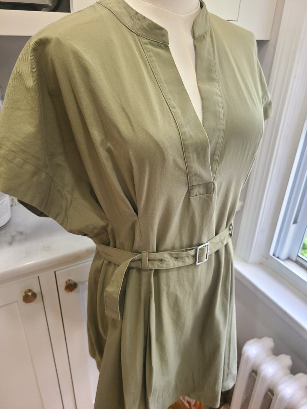 Zara Pleated Belted Khaki Cap Sleeve Short Dress Size XL